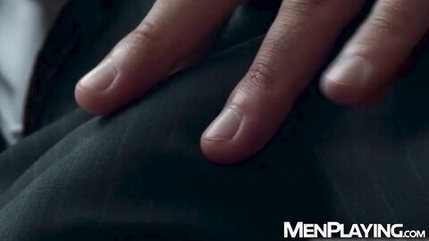 Straight suited Will Iden tugs his massive cock until he explodes