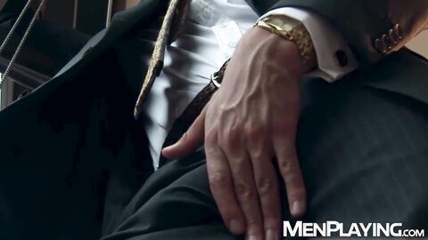 Straight suited Will Iden tugs his massive cock until he explodes