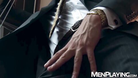 Straight suited Will Iden tugs his massive cock until he explodes