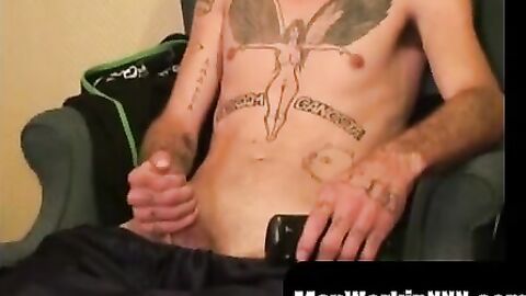 MenWorkinXXX.com - Inked amateur plays with his dick and covers his stomach in cum