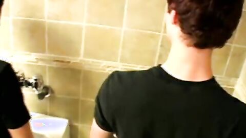 College teens Jack President and Kent rocked their cock and shot loads in the urinal