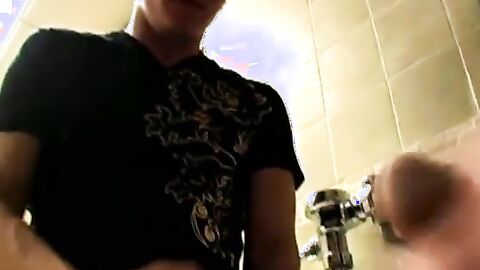 College teens Jack President and Kent rocked their cock and shot loads in the urinal