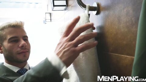 Blond businessman Allen King barely endures plowing with Gustavo Cruz