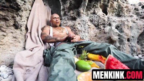 Bald dude King Noire entertains his aroused cock while stranded and alone