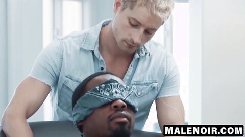 MaleNoir.com - Blindfolded DeAngelo's muscles massaged before blowjob