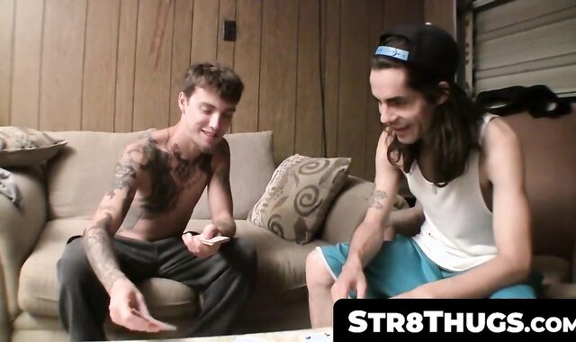 Str8Thugs.com - Hairy thugs' mutual cock tugging and synchronized jizzing cum fest