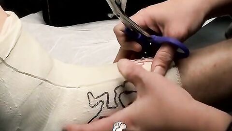 Foot cast placed on twink and his leg before being taken off