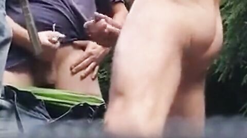 Three Daddies Stroking in the Woods