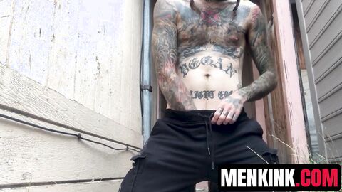 Tattooed dude Ruckus giving his long horny BONER a RAVIGING handjob