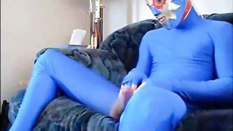 Masked Guy in Blue Zentai Suit Strokes Big Cock