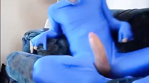 Masked Guy in Blue Zentai Suit Strokes Big Cock