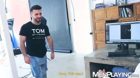 Cheeky Kike Gil kneels and blows muscular Leo Rossos big dick