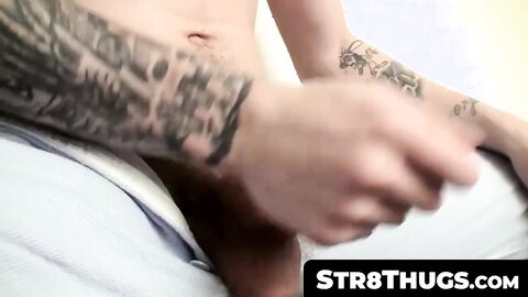 Str8Thugs.com - Young tattooed homo's solo hairy dick wanking and cum blasting finale