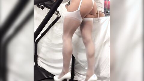 Crossdresser in White Stockings on Treadmill