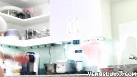 Busty Venus Luxx and another TS drizzle their cum on their dinner