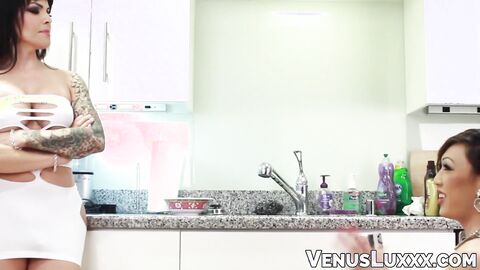 Busty Venus Luxx and another TS drizzle their cum on their dinner