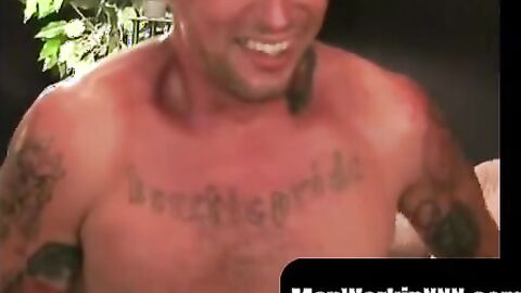 MenWorkinXXX.com - Tattooed dude tugs his cock until he splatters cum on his belly