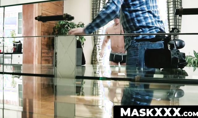MaskXXX.com - Buff stud's flexing display and hot striptease before solo masturbation