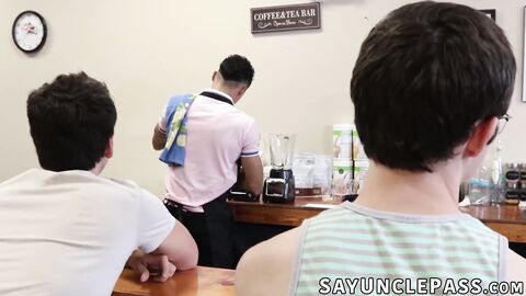 Amone Bane fucks regulars Jonah Wheeler and Dakota Lovell in his cafe