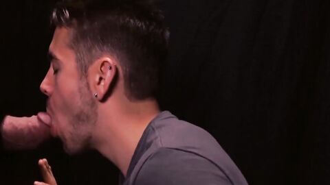 Glory hole blowjob turns to deepthroat with twink and daddy