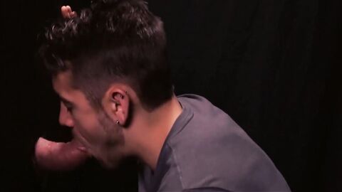 Glory hole blowjob turns to deepthroat with twink and daddy