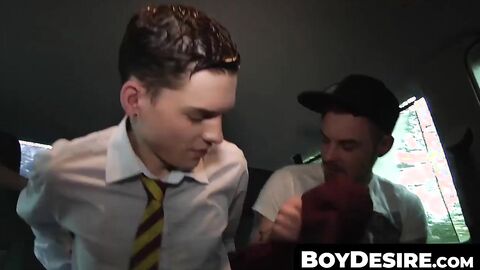 BoyDesire.com - Twink gay's spitroast experience with skinny buddies in a homemade vi
