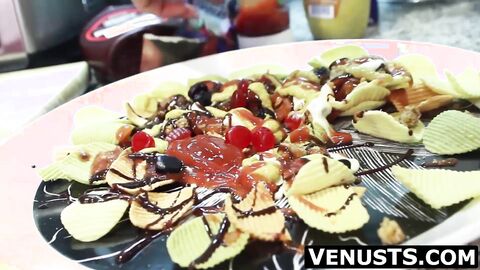 Venus Lux's wild handjob with a cute tbabe's help