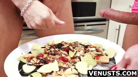 Venus Lux's wild handjob with a cute tbabe's help