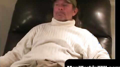 MenWorkinXXX.com - Mature lad with a hairy chest strokes his big hard dong vigorously