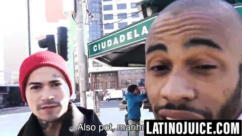 Inked straight Latino bareback before black stud facial