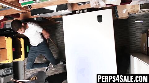 Tatted ebony thief destroyed by security's thick rod
