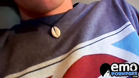 Skinny twink wanks off and cums in his lustful mouth