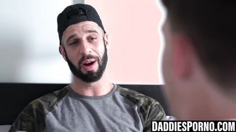 Tatted stepdad tongues twink's hole then breeds him raw