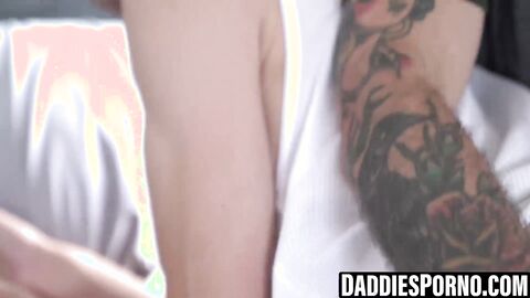 Tatted stepdad tongues twink's hole then breeds him raw