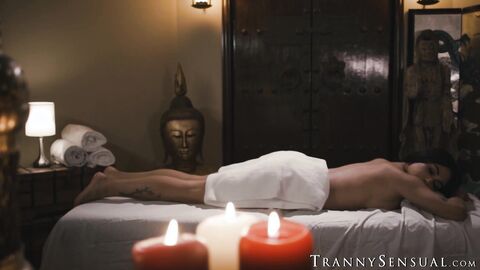 Hot TS Eva Maxim spreads for Dillon Diazs thick cock during massage