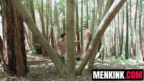 Blindfolded straight stud Ty Roderick tied up and edged in the forest