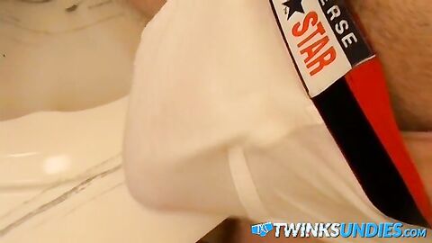 Solo twink Billy Da Kidd teases his cock and cums in undies