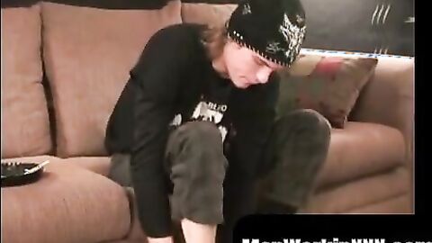 MenWorkinXXX.com - Skinny amateur strokes his big cock before explosive solo cumshot