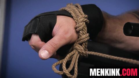 Callum Colbey ties his pup toy Pup Badge before rapid ass thrusting