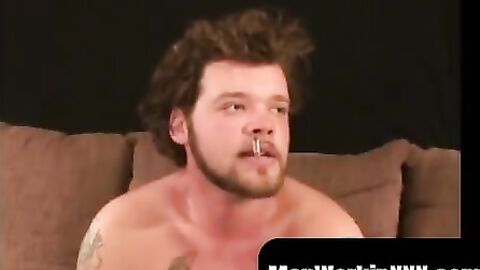 MenWorkinXXX.com - Tattooed stud chilling before jerking big cock for intense cumshot