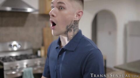 Dominant transsexual Emma Rose topped hung stud Zac Bishop in different positions