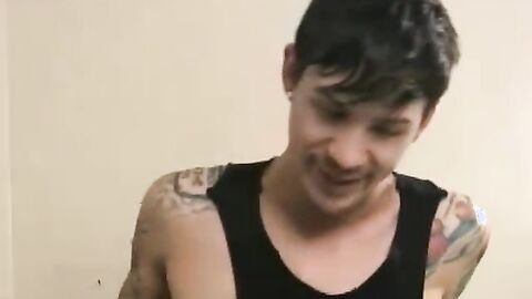 Cute gay dude undresses after interview and masturbates