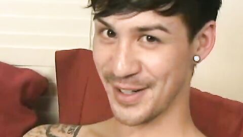 Cute gay dude undresses after interview and masturbates