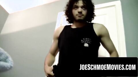 Straight newbie with abs jerks off alone filming cumshot angle