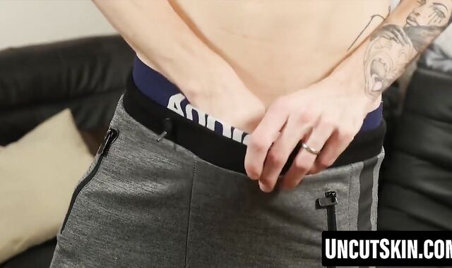 Cute Jerome James fists his thick uncut shaft