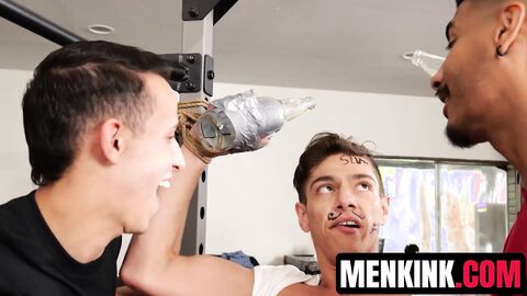 Restrained Benvi stuffing his holes with Des Irez and Apollo Fates cock