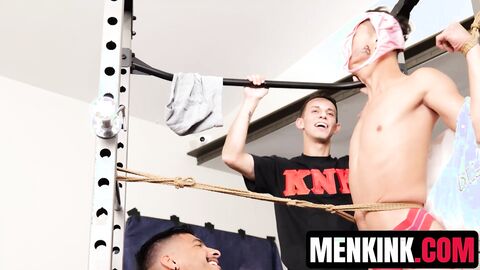 Restrained Benvi stuffing his holes with Des Irez and Apollo Fates cock