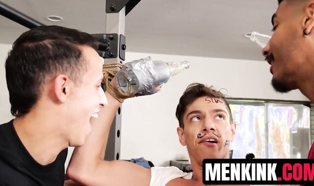 Restrained Benvi stuffing his holes with Des Irez and Apollo Fates cock