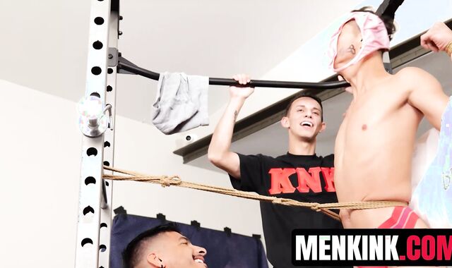 Restrained Benvi stuffing his holes with Des Irez and Apollo Fates cock