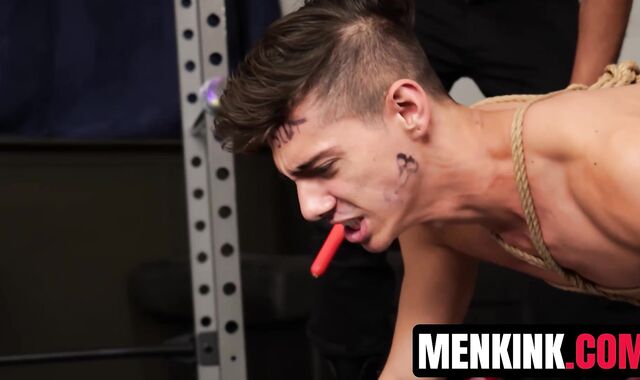 Restrained Benvi stuffing his holes with Des Irez and Apollo Fates cock